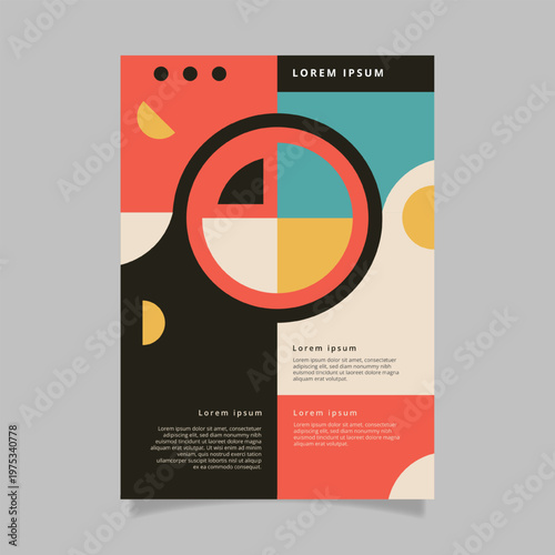 Abstract geometric flyer template featuring circles and rectangles in retro colors, perfect for creative agency branding or event promotion