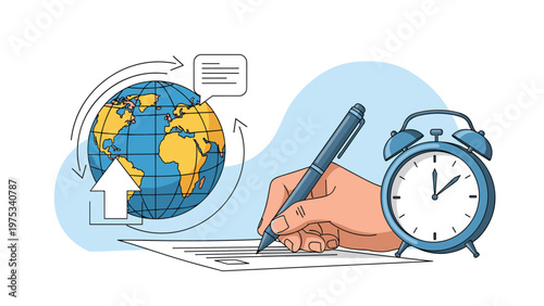 Personal productivity and time management concept featuring hand writing on a document with a globe and alarm clock for global deadlines.