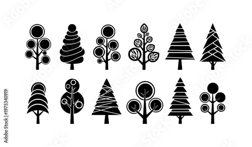 Abstract geometric black and white tree set with modern stylized forest vector illustrations