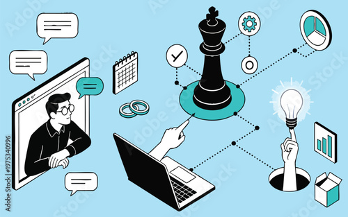 Isometric Business Strategy and Digital Management Illustration with Chess King, Laptop, Data Analytics, and Online Consultation Concept.