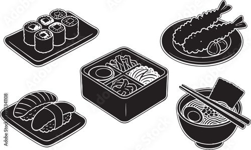 Japanese Food Sushi and Ramen Doodle Vector Silhouette on Transparent Background
