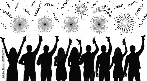 Celebration party crowd silhouette with fireworks and confetti, people holding drinks, festive event illustration, nightlife concept, holiday celebration design, vector clipart
