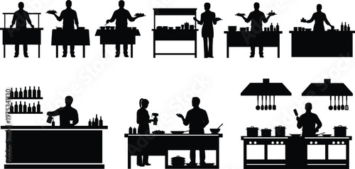 Chef cooking and food preparation silhouette set, kitchen staff and restaurant workflow illustration, culinary activity scenes, professional cooking process, catering and hospitality concept