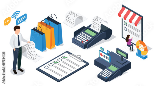 Retail management concept showing a professional handling sales transactions with POS terminals shopping bags and digital checklists.