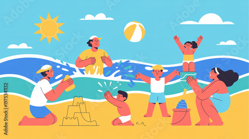 Beach, family fun, summer vacation, vector illustration, colorful, kids playing, sand, sea