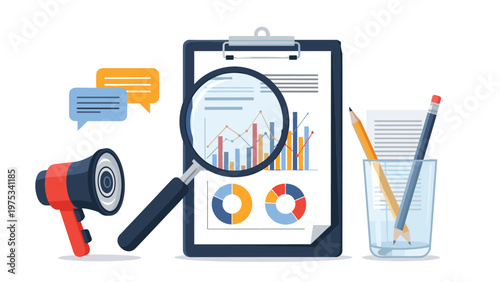 Business analysis tools including a magnifying glass clipboard and megaphone are used to evaluate market trends and financial performance.