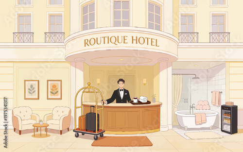 Luxury Boutique Hotel Concierge Service Vector Illustration with Cozy Amenities