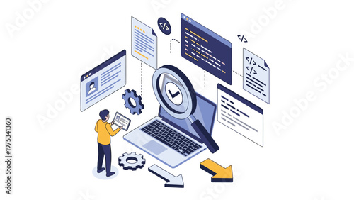 Software engineer uses a magnifying glass to inspect digital code on a laptop for quality assurance and system optimization processes.