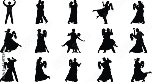 Couple dancing silhouette collection, romantic ballroom dance poses illustration set, love and relationship concept, elegant movement design, wedding dance clipart bundle