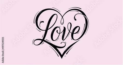 Elegant Heart Calligraphy with "Love" Typography and Ornate Flourishes
