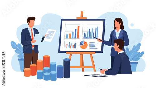 Professional business team conducting a formal presentation with financial growth charts on a whiteboard and large bar graphs.