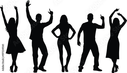 Dancing people silhouettes collection, men and women party poses with raised hands, black human celebration figures isolated on white background, nightlife concept