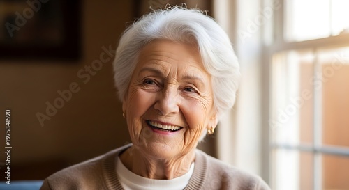 Happy Senior Woman Smiling Near Window in Bright Home Interior