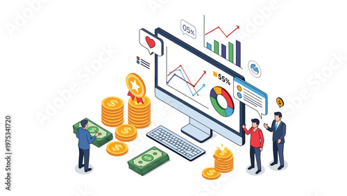 Financial experts analyzing monetary growth with large stacks of coins and banknotes shown on a modern computer monitor.