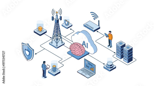 Global artificial intelligence network concept with a central human brain icon connected to cloud servers and digital devices.