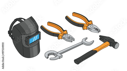 Set of essential manual tools including a protective welding mask, pliers, adjustable wrench, and a hammer for repair work.