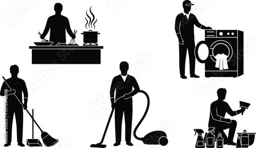 Household chores silhouettes collection, cooking cleaning laundry and maintenance workers, black human home activity figures isolated on white background, domestic lifestyle concept
