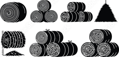 Hay bale silhouette collection, farm agriculture elements with straw stacks, rural illustration set, harvest season design, countryside clipart bundle, farming concept graphics