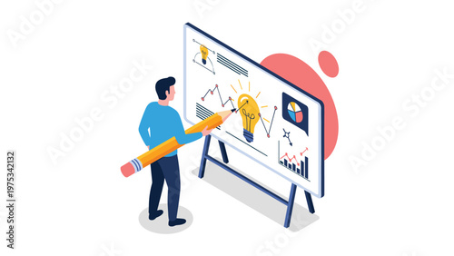Professional analyst using a large pencil to draw on a whiteboard showing business analytics and innovative growth charts.