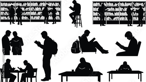 Library reading people silhouette collection, students studying with books, education illustration set, knowledge learning concept, academic design elements, school clipart bundle