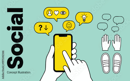 Minimalist Social Media Communication Concept Illustration with Hands and Smartphone
