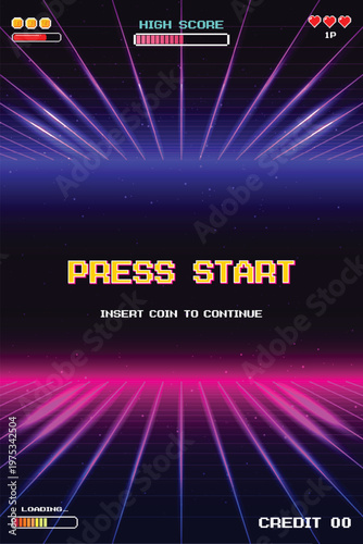 PRESS START. pixel art 8 bit. Retro Futurism Sci-Fi Background. glowing neon grid. and stars from vintage arcade computer games. Vertical Backgrounds