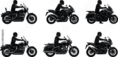 Motorcycle rider silhouette collection, various bike styles with biker in helmet, transport illustration set, black vector design, road adventure concept, vehicle clipart