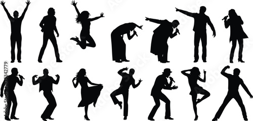 Music performance silhouettes collection, singers dancers jumping figures, concert energy poses, black human shapes isolated on white background, entertainment lifestyle concept