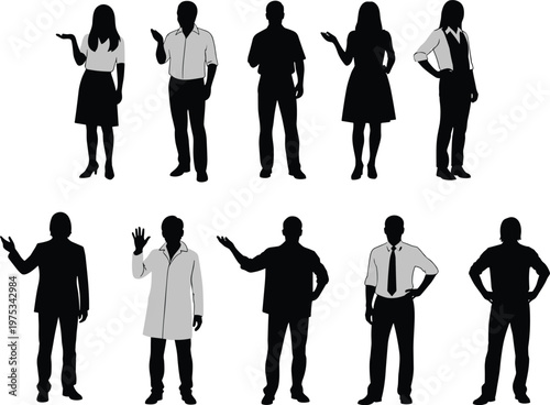 People pointing and presenting silhouette collection, men and women gestures illustration set, communication concept design, explanation poses clipart bundle, professional presentation