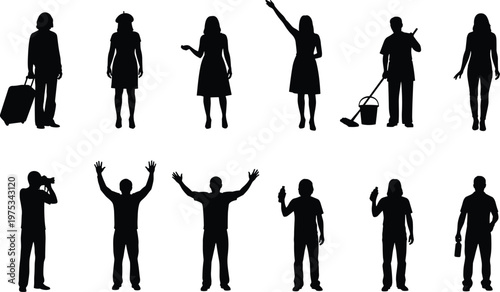 People silhouettes daily life collection, workers travelers photographer cleaning staff standing poses, black human activity figures isolated on white background, lifestyle concept
