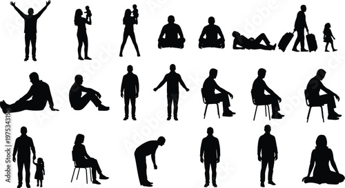 People sitting, standing and relaxing silhouette collection, diverse human poses illustration set, lifestyle activity concept, casual behavior design, daily life clipart bundle