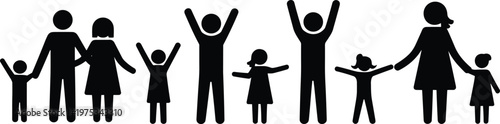 Large set of minimalist black family silhouettes and people icons featuring parents and children celebrating together for community and happy life concept designs.
