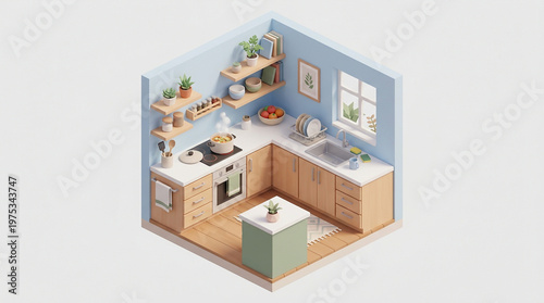 Minimalist isometric 3D render of clean modern kitchen