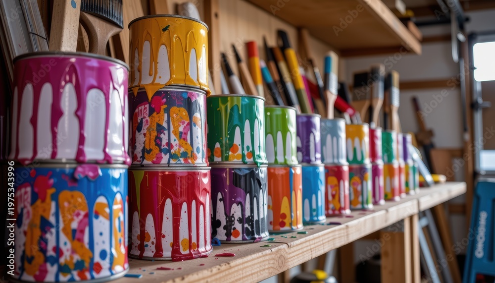 Naklejka premium Colorful paint cans lined up on a wooden shelf in an artist's workshop with brushes in the background.