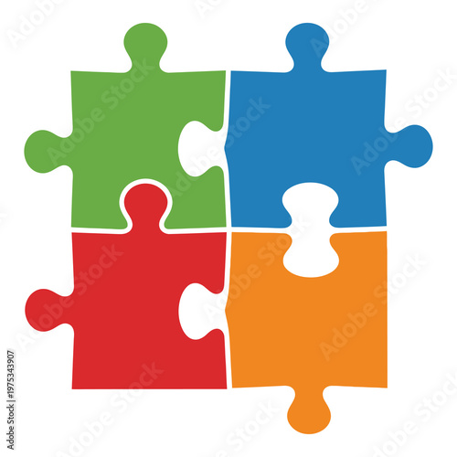 Four colorful puzzle pieces fitted together perfectly side by side on white icon