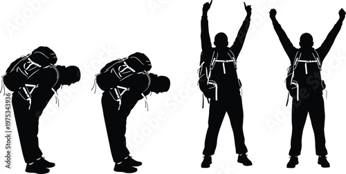 Silhouette of skydiver parachutist performing landing sequence, bending forward and celebrating success, extreme sport concept, adventure lifestyle, airborne action, isolated on white background