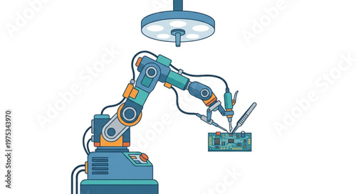 The future of precision. 🤖 A Flat 2.0 vector exploration of advanced robotics in micro-assembly. Clean, efficient, and automated.