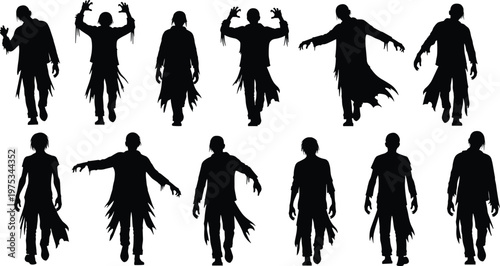 Zombie silhouettes collection, scary undead walking characters in horror poses, spooky Halloween monster figures isolated illustration set for horror design