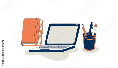 office desk setup with laptop notebook and pencil