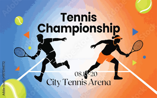 Modern Tennis Championship Banner with Player Silhouettes, Abstract Shapes & Balls