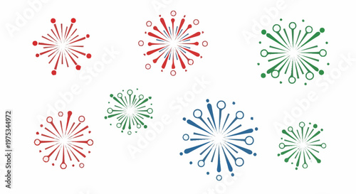 Colorful burst explosions in red green and blue hues creating dynamic festive patterns for celebrations representing excitement and joy on various occasions across the globe with vibrant