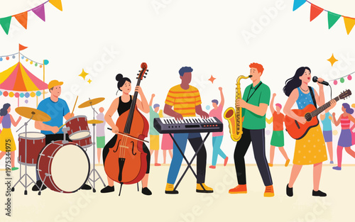Musical Band Performing at Outdoor Summer Music Festival Vector Illustration