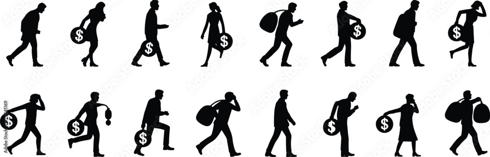 Fototapeta premium Panoramic set of black silhouettes showing people running and walking with bags of money for financial profit success wealth or crime thriller concepts.