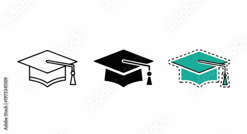 Academic achievement symbol collection featuring mortarboard caps for graduation ceremonies and educational milestones representing successful learning and career advancement opportunities for