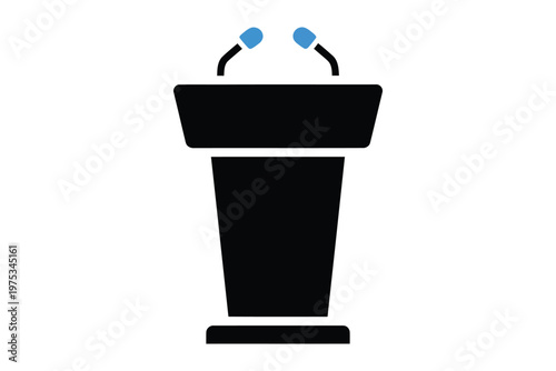 Simple podium icon, speaker stand, microphone, black silhouette, presentation equipment