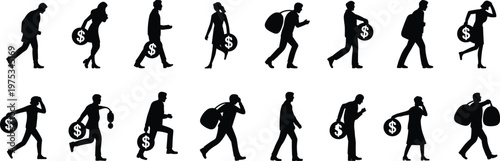 Panoramic set of black silhouettes showing people running and walking with bags of money for financial profit success wealth or crime thriller concepts.