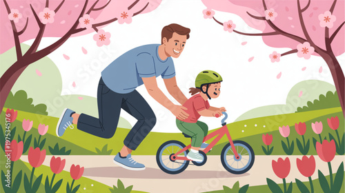 Father teaching child to ride bike, spring park scene, colorful illustration, cycling lessons