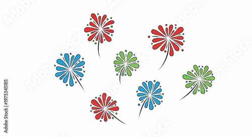 Vibrant abstract floral elements with red blue and green petal designs arranged in a pleasing composition conveying joy and celebration perfect for festive designs and spring themes conveying
