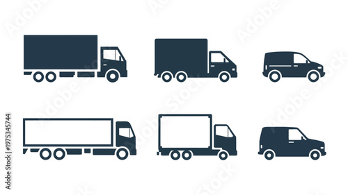 Cargo truck and van icon with different body variations showcasing diverse vehicle silhouettes, presented as a cohesive vector collection ideal for shipping concepts, courier services, maps
