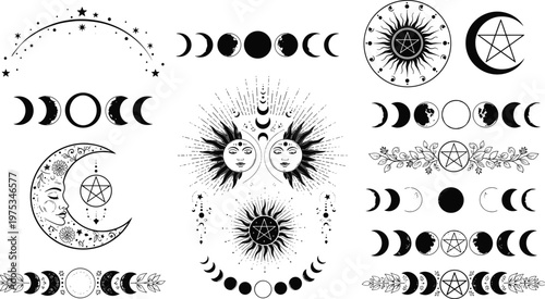 Set of Mystical Celestial Symbols Featuring Moon Phases Sun Face and Pentagram Icons with Floral Elements for Esoteric Occult Design (20 words)